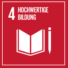 Rotes Icon mit Stift und Papier und mit Text "Hochwertige Bildung"