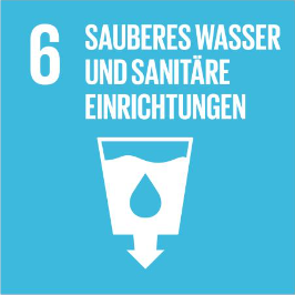 Symbol auf blauem Hintergrund mit dem Text "Sauberes Wasser und sanitäre Einrichtungen"